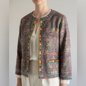 Cougar Blazer Women L Multicolor Paisley Boho Contrast Trim Festival Embroidered